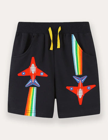 Colorful Cartoon Airplane Applique Shorts